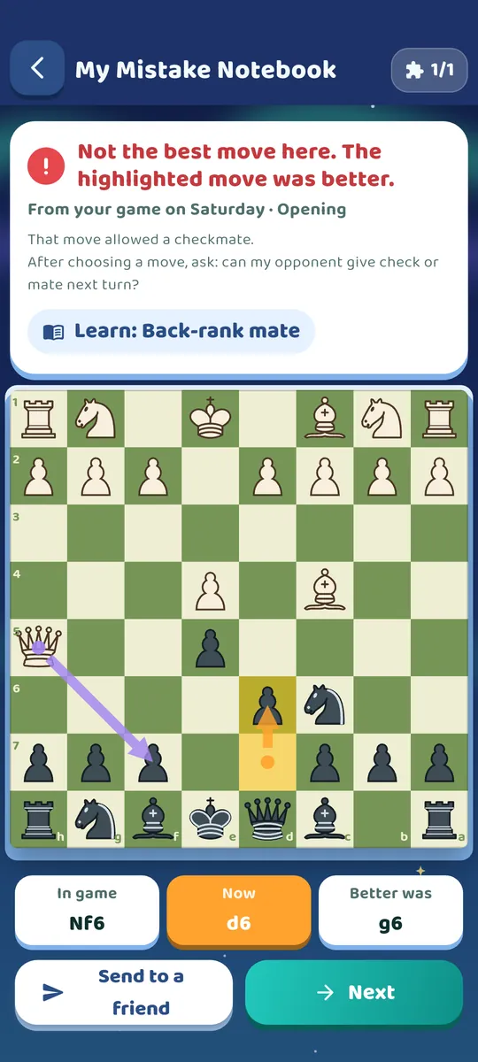 My Mistake Notebook: the move from the game, the move you just tried and the better move, each with its own arrow