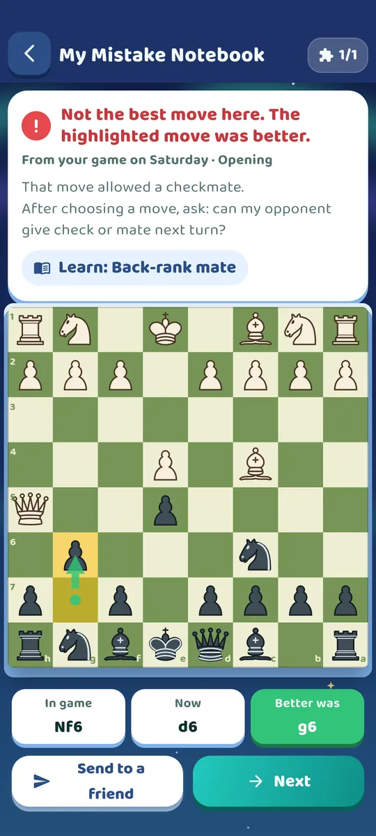 My Mistake Notebook: the move from the game, the move you just tried and the better move, each with its own arrow