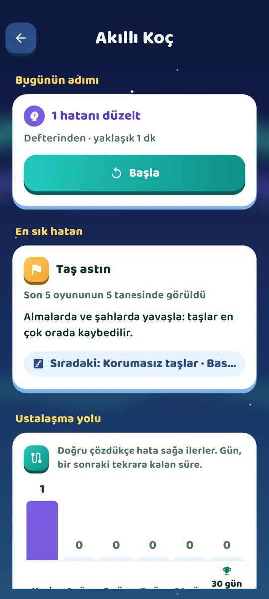 Koç sayfası: bugünün adımı ve ustalığa ilerleyen hataların